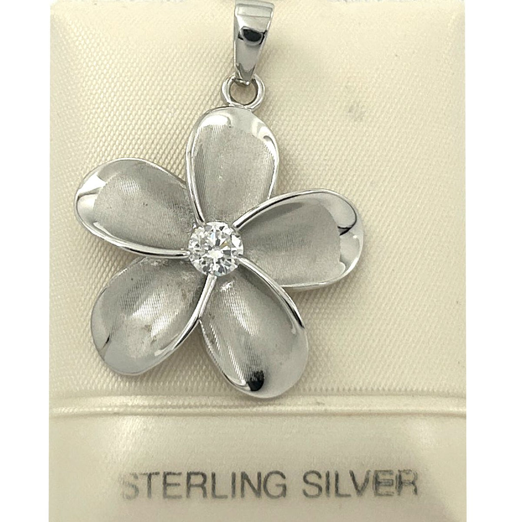 Hawaiian Plumeria Sterling Silver CZ Pendant (24mm)