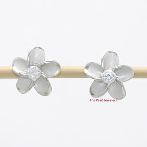 10mm Hawaiian Plumeria Sterling Silver CZ Stud Earrings