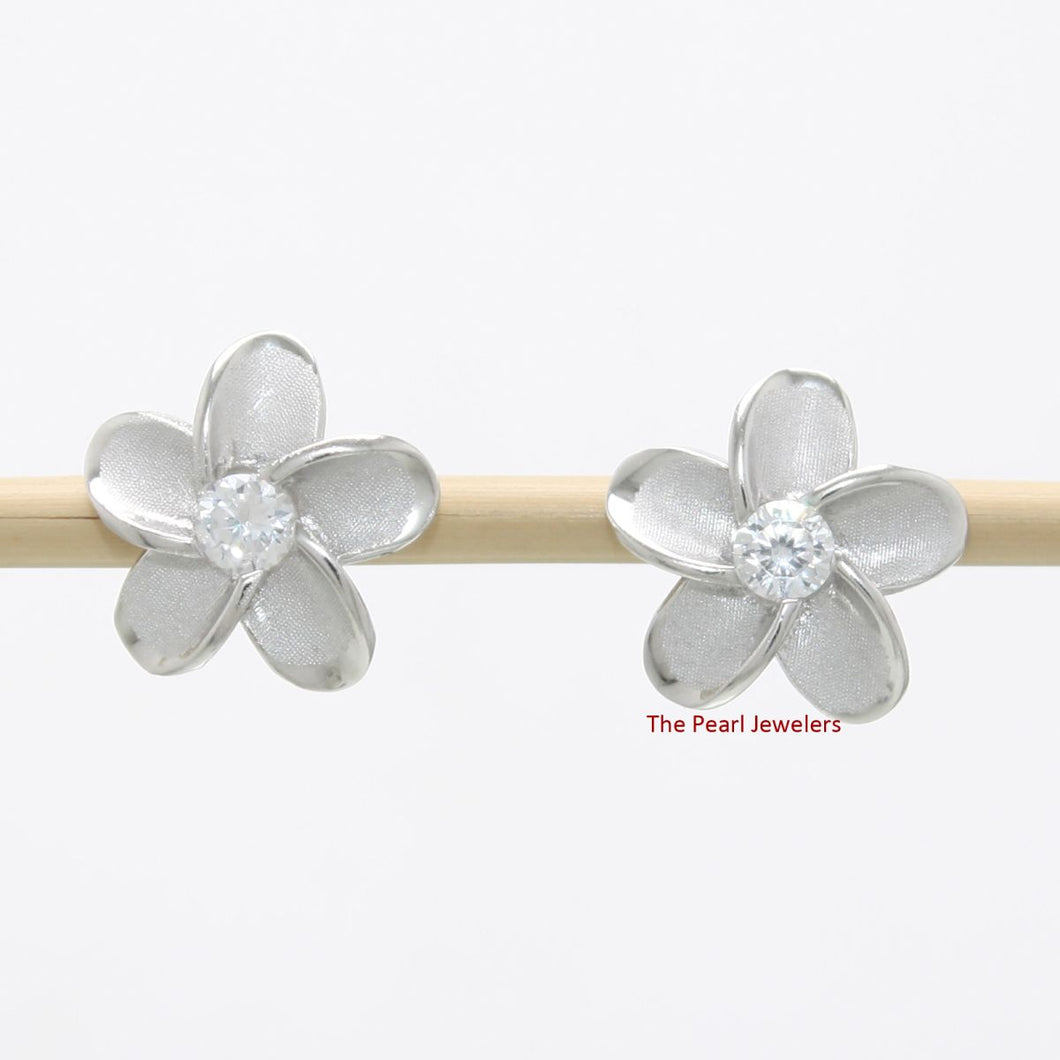 10mm Hawaiian Plumeria Sterling Silver CZ Stud Earrings