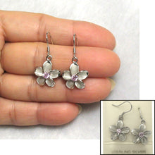 Load image into Gallery viewer, 14mm Hawaiian Plumeria Sterling Silver Pink CZ Dangle Earrings