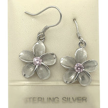 Load image into Gallery viewer, 14mm Hawaiian Plumeria Sterling Silver Pink CZ Dangle Earrings