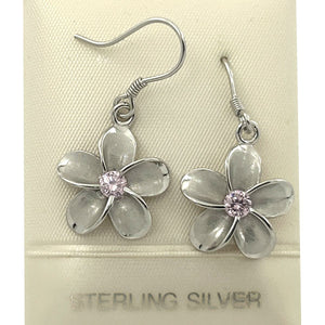 14mm Hawaiian Plumeria Sterling Silver Pink CZ Dangle Earrings
