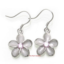 Load image into Gallery viewer, 14mm Hawaiian Plumeria Sterling Silver Pink CZ Dangle Earrings