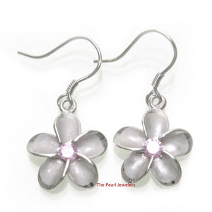14mm Hawaiian Plumeria Sterling Silver Pink CZ Dangle Earrings