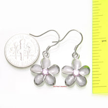 Load image into Gallery viewer, 14mm Hawaiian Plumeria Sterling Silver Pink CZ Dangle Earrings