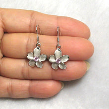 Load image into Gallery viewer, 14mm Hawaiian Plumeria Sterling Silver Pink CZ Dangle Earrings