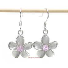Load image into Gallery viewer, 14mm Hawaiian Plumeria Sterling Silver Pink CZ Dangle Earrings
