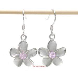 14mm Hawaiian Plumeria Sterling Silver Pink CZ Dangle Earrings