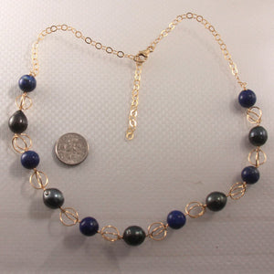 14k Gold-Filled Five Tahitian Pearls & Lapis Lazuli Handcrafted Necklace
