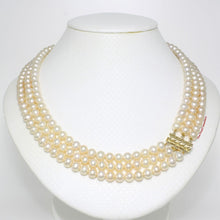 Load image into Gallery viewer, Triple Line Natural Peach Cultured Pearl Necklace with 14K Yellow Gold Clasp