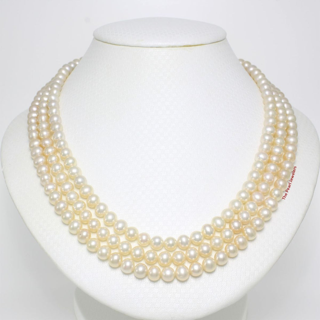 Triple Line Natural Peach Cultured Pearl Necklace with 14K Yellow Gold Clasp