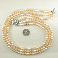 Load image into Gallery viewer, Triple Strand Pink Cultured Pearl Necklace with Sterling Silver Clasp