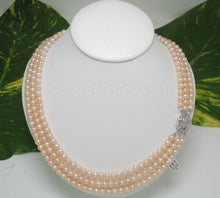 Load image into Gallery viewer, Triple Strand Pink Cultured Pearl Necklace with Sterling Silver Clasp