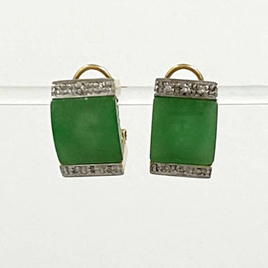 14K Yellow Gold Omega Clip Diamond Green Jade Earrings