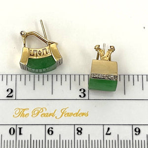 14K Yellow Gold Omega Clip Diamond Green Jade Earrings