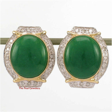 14K Yellow Gold Omega Clip Diamond Green Jade Earrings
