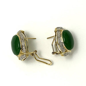 14K Yellow Gold Omega Clip Diamond Green Jade Earrings