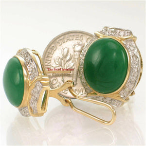 14K Yellow Gold Omega Clip Diamond Green Jade Earrings