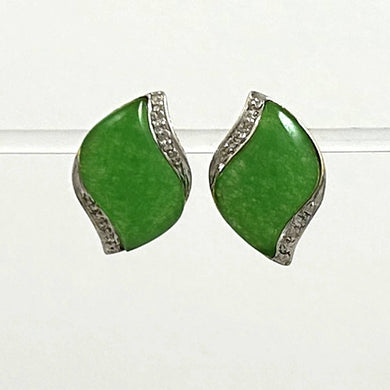 14K Yellow Gold Omega Clip Diamond Green Jade Earrings