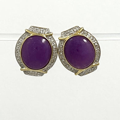 14K Yellow Gold Omega Clip Diamond Lavender Jade Earrings