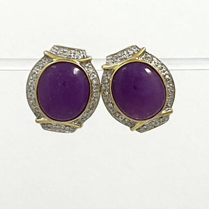 14K Yellow Gold Omega Clip Diamond Lavender Jade Earrings