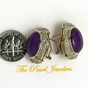 14K Yellow Gold Omega Clip Diamond Lavender Jade Earrings