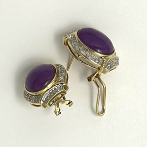 14K Yellow Gold Omega Clip Diamond Lavender Jade Earrings