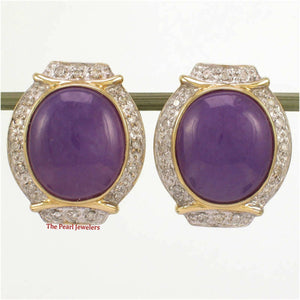 14K Yellow Gold Omega Clip Diamond Lavender Jade Earrings
