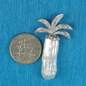 White Biwa Pearl Palm Tree Pendant – 14k White Gold + Diamonds