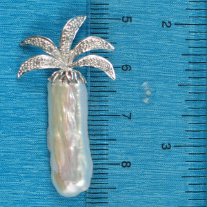White Biwa Pearl Palm Tree Pendant – 14k White Gold + Diamonds