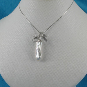 White Biwa Pearl Palm Tree Pendant – 14k White Gold + Diamonds