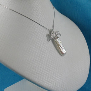 White Biwa Pearl Palm Tree Pendant – 14k White Gold + Diamonds