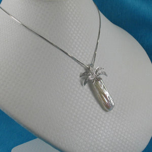 White Biwa Pearl Palm Tree Pendant – 14k White Gold + Diamonds