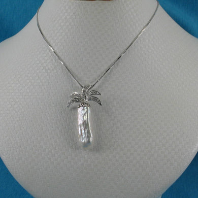 White Biwa Pearl Palm Tree Pendant – 14k White Gold + Diamonds