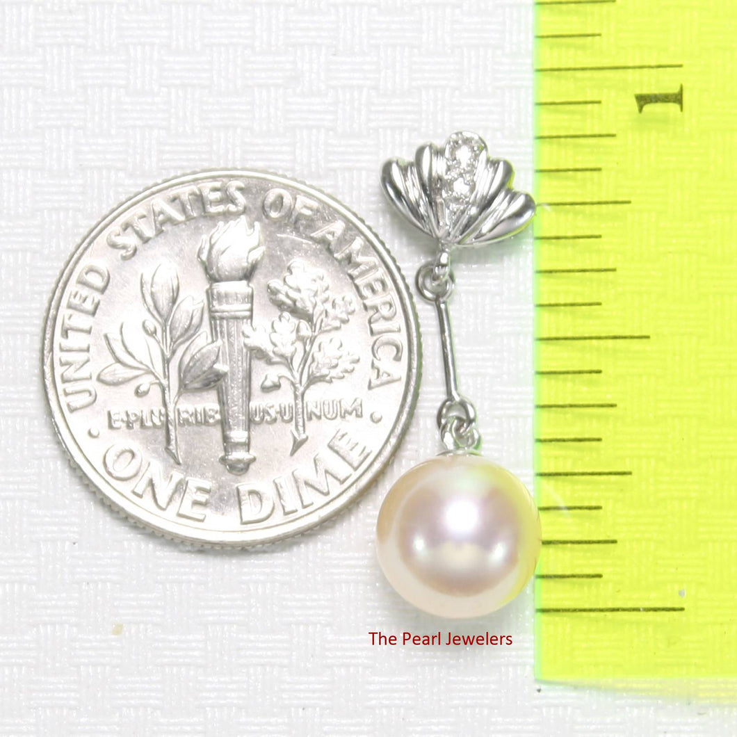 AAA Peach Pearl Pendant – 14k White Gold with Diamond Shell Bail