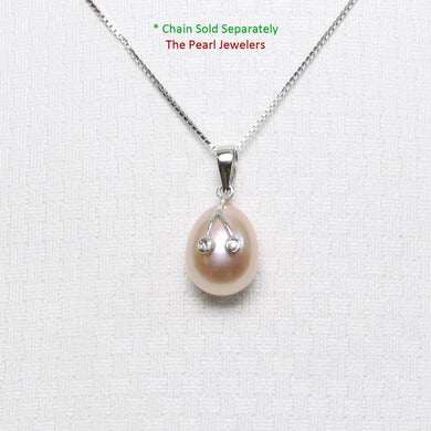 Peach Pink Pearl Pendant with Diamond Eyes – 14k White Gold
