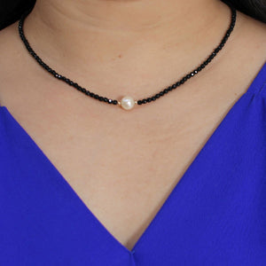 Black Onyx & Pearl Necklace with 14K Gold Beads