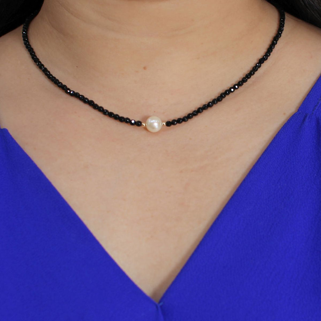 Black Onyx & Pearl Necklace with 14K Gold Beads
