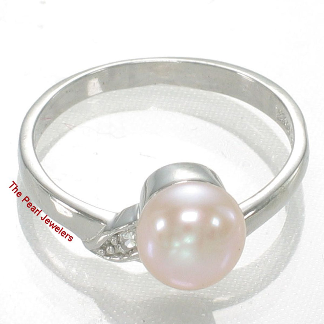 Solid Sterling Silver .925 Pink-Peach Freshwater Pearl & Cubic Zirconia Accent Ring