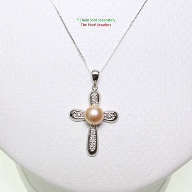 Pink Pearl Cross Pendant – 14k White Gold + Diamonds