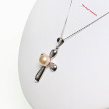 Load image into Gallery viewer, Pink Pearl Cross Pendant – 14k White Gold + Diamonds