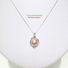Load image into Gallery viewer, pink pearl pendant, white gold drop, trio diamond pearl, peach pearl charm, 14k solid white gold, box chain included, real pearl jewelry, soft tone pendant, polished finish, fine pearl necklace