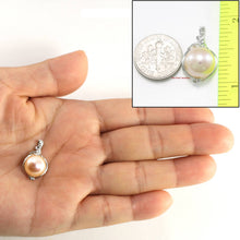 Load image into Gallery viewer, pink pearl pendant, white gold drop, trio diamond pearl, peach pearl charm, 14k solid white gold, box chain included, real pearl jewelry, soft tone pendant, polished finish, fine pearl necklace