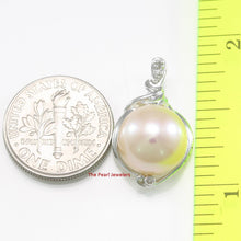Load image into Gallery viewer, pink pearl pendant, white gold drop, trio diamond pearl, peach pearl charm, 14k solid white gold, box chain included, real pearl jewelry, soft tone pendant, polished finish, fine pearl necklace