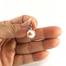 Load image into Gallery viewer, pink pearl pendant, white gold drop, trio diamond pearl, peach pearl charm, 14k solid white gold, box chain included, real pearl jewelry, soft tone pendant, polished finish, fine pearl necklace