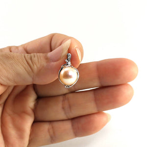 pink pearl pendant, white gold drop, trio diamond pearl, peach pearl charm, 14k solid white gold, box chain included, real pearl jewelry, soft tone pendant, polished finish, fine pearl necklace