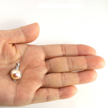 Load image into Gallery viewer, pink pearl pendant, white gold drop, trio diamond pearl, peach pearl charm, 14k solid white gold, box chain included, real pearl jewelry, soft tone pendant, polished finish, fine pearl necklace