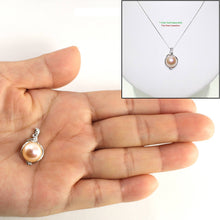 Load image into Gallery viewer, pink pearl pendant, white gold drop, trio diamond pearl, peach pearl charm, 14k solid white gold, box chain included, real pearl jewelry, soft tone pendant, polished finish, fine pearl necklace