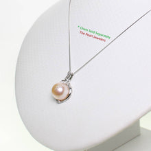 Load image into Gallery viewer, pink pearl pendant, white gold drop, trio diamond pearl, peach pearl charm, 14k solid white gold, box chain included, real pearl jewelry, soft tone pendant, polished finish, fine pearl necklace