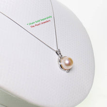 Load image into Gallery viewer, pink pearl pendant, white gold drop, trio diamond pearl, peach pearl charm, 14k solid white gold, box chain included, real pearl jewelry, soft tone pendant, polished finish, fine pearl necklace
